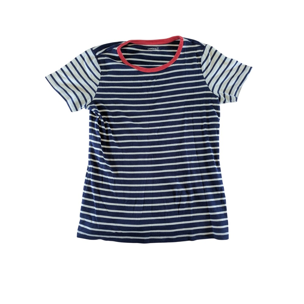 Lands End Womens Small Navy Blue White Striped Ringer T-Shirt Red Trim Cotton